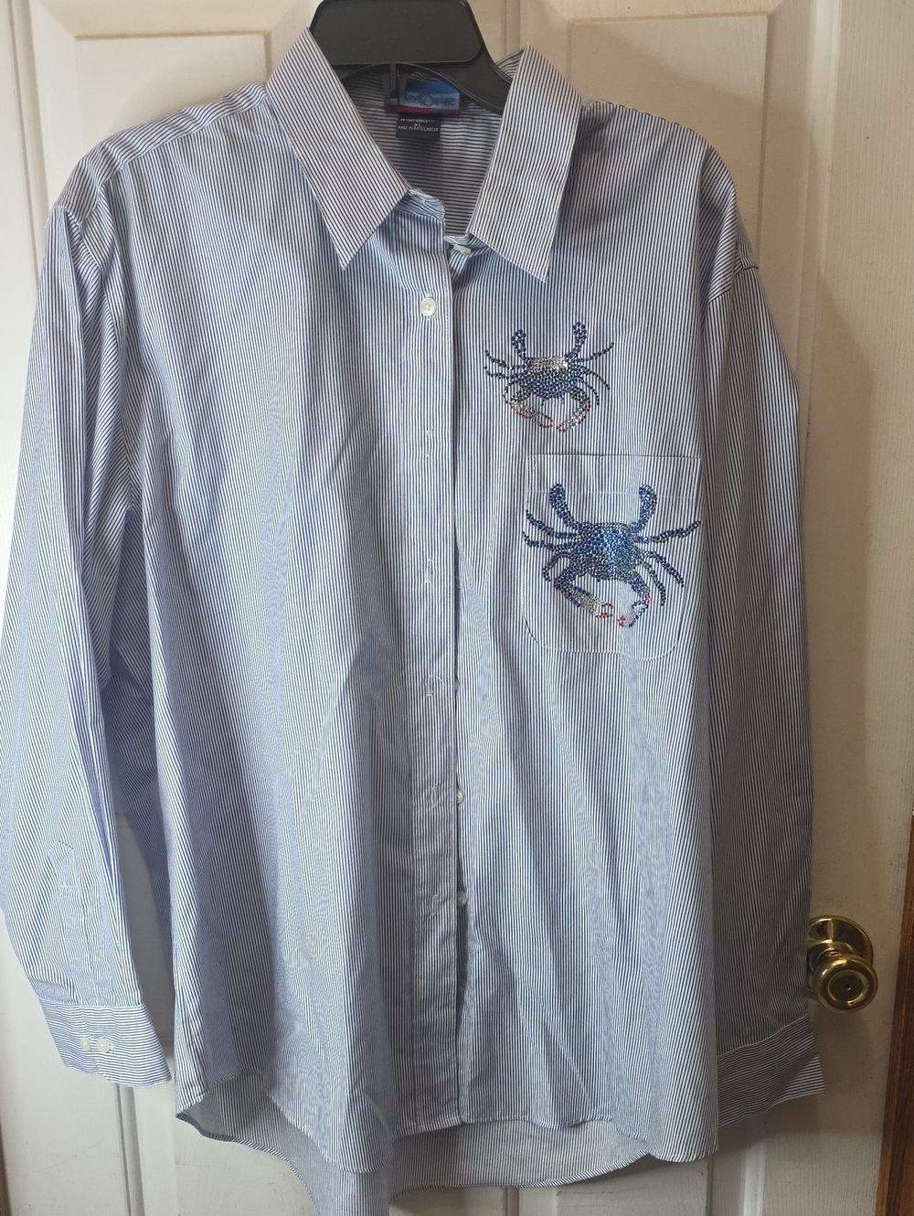 Unbranded Light Blue Striped Women's Button-Up Blouse with Crab Embroidery